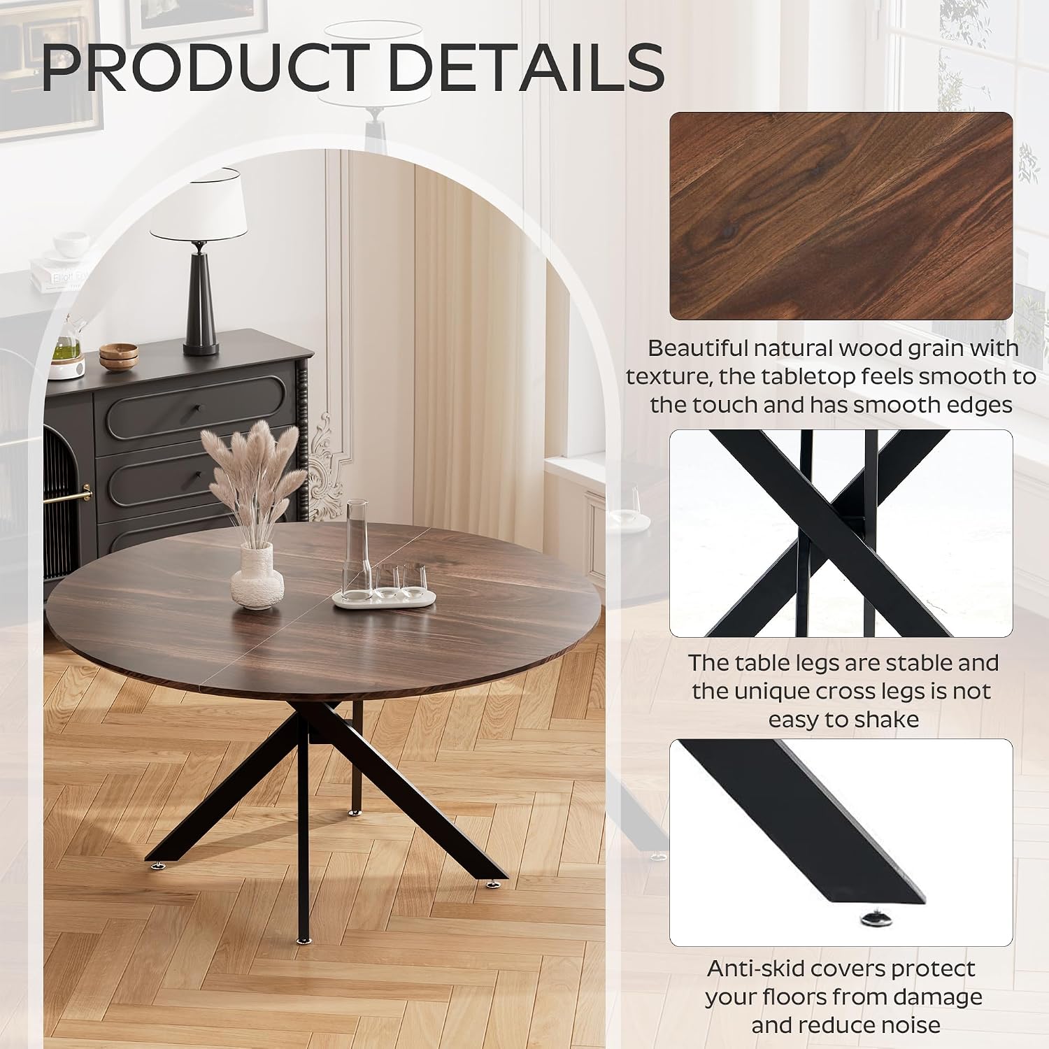 RGZ 47' Round Table Set for 6, 7 PCS Modern Wooden Circle Dining Table for 2-6, Walnut Round Dining Table with Steel Legs & 6 Black Velvet Upholstered Chairs for Dining Room, Living Room, Kitchen