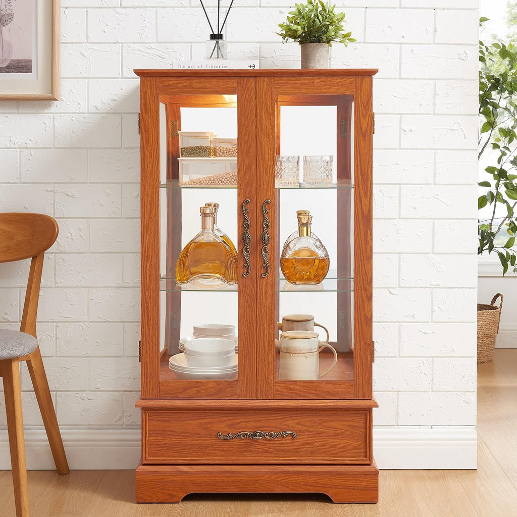 47' Lighted Glass Accent Curio Cabinet, 3-Tier Antique Storage Cage with Adjustable Shelves & Drawer, Acrylic Mirrored Pane, Light Blub Included, Small China Cabinet for Living Room/Kitchen (Dark Oak)