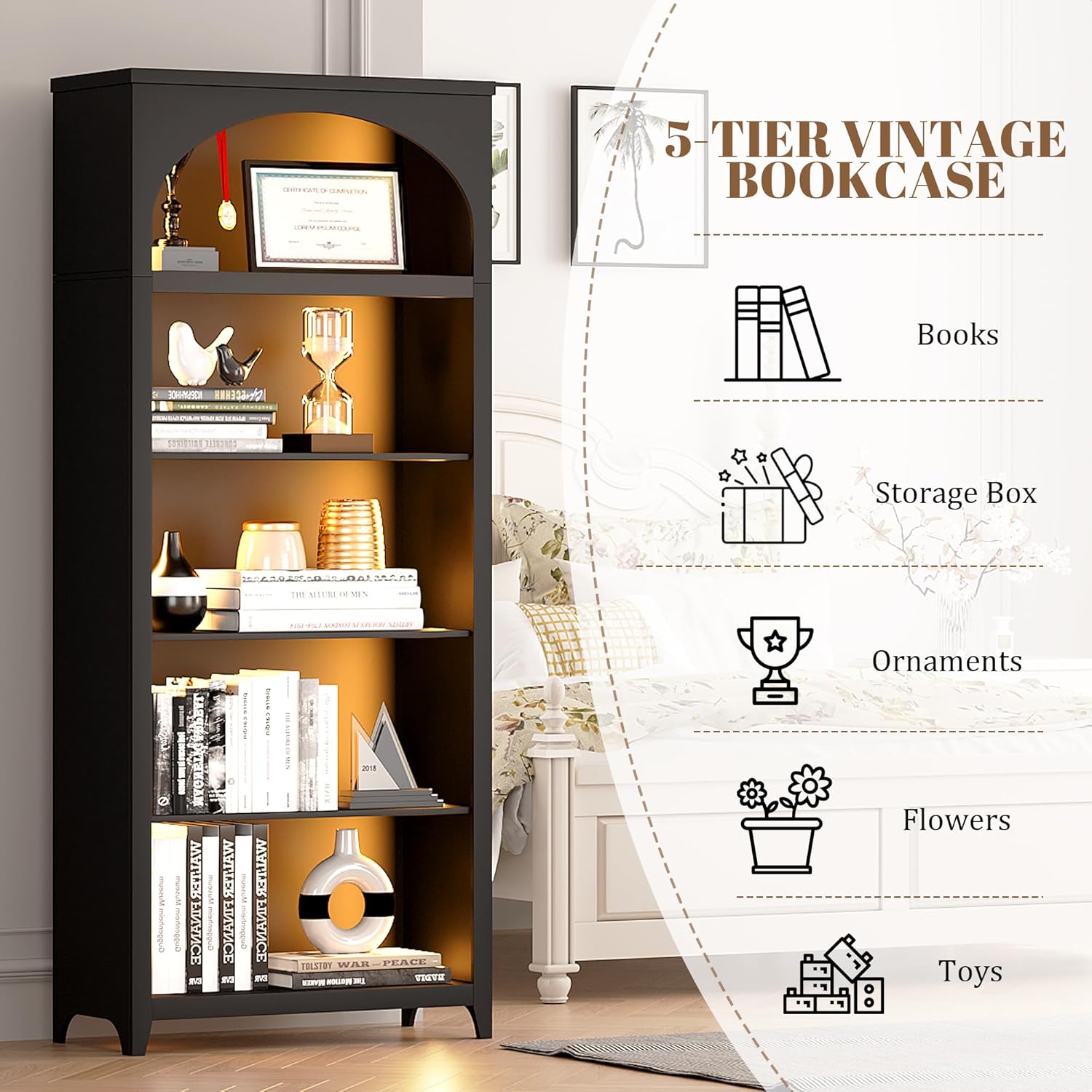 5-Tier Wooden Bookshelf with LED Lights, 70 Inch Tall Bookshelf with Storage, Floor Standing Modern Style Display Bookcase for Living Room, Office, Study Room, Entryway - Black