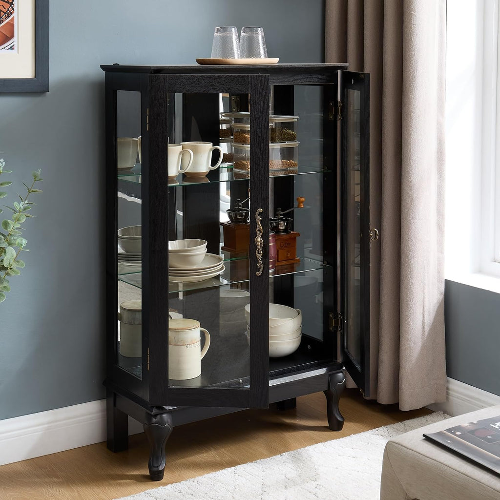44' Small Lighted Glass Accent Curio Cabinet, Vintage China Cage with 2 Tempered Glass Doors & Adjustable Shelves, Acrylic Mirrored Pane, Elegant Wine Artwork Showcase for Living Room/Kitchen (Black)
