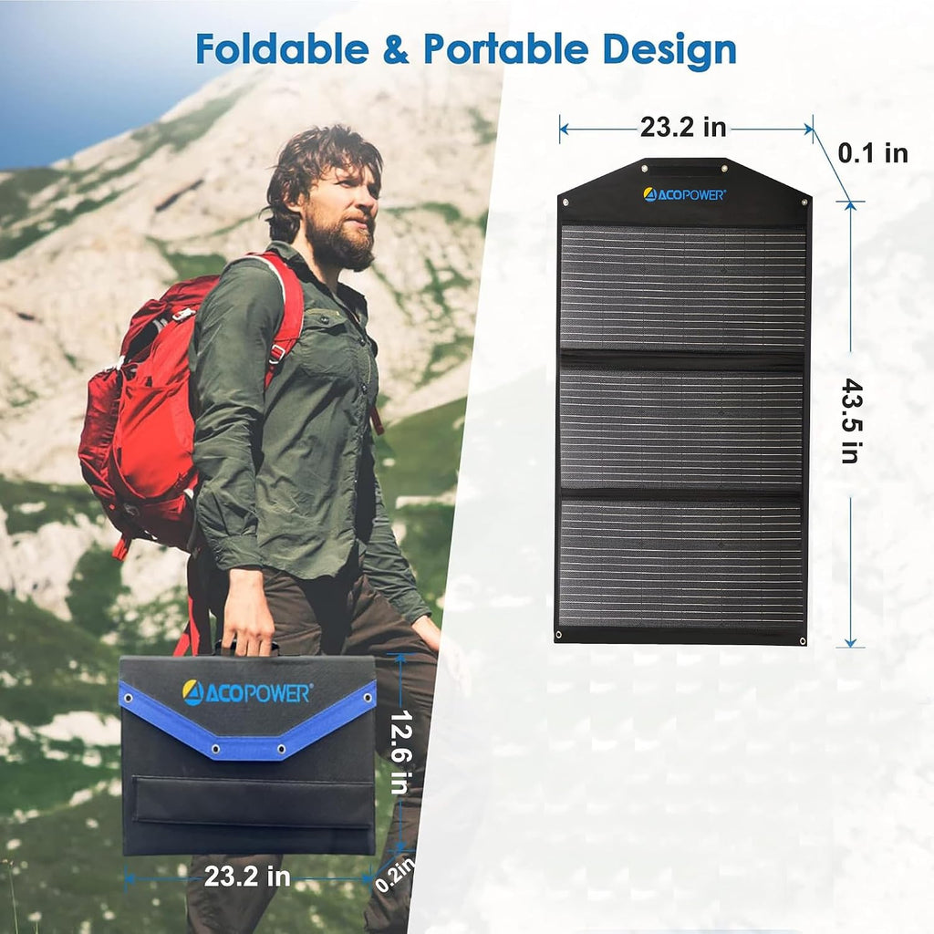 ACOPOWER 90W Portable Solar Panel,3x30W Foldable Solar Panel Suitcase with USB/DC/Type-C 3 Outputs for Phones,Camping,Outdoors, RV and Acopower Car Refrigerator Black