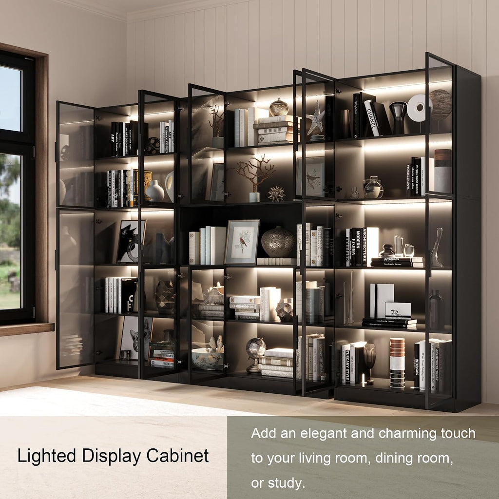 Mekminop Bookcase with Glass Doors and RGB Led Lights, Combination Display Cabinet with 19 Shelves, Modern Glass Display Case Set of 3, Black