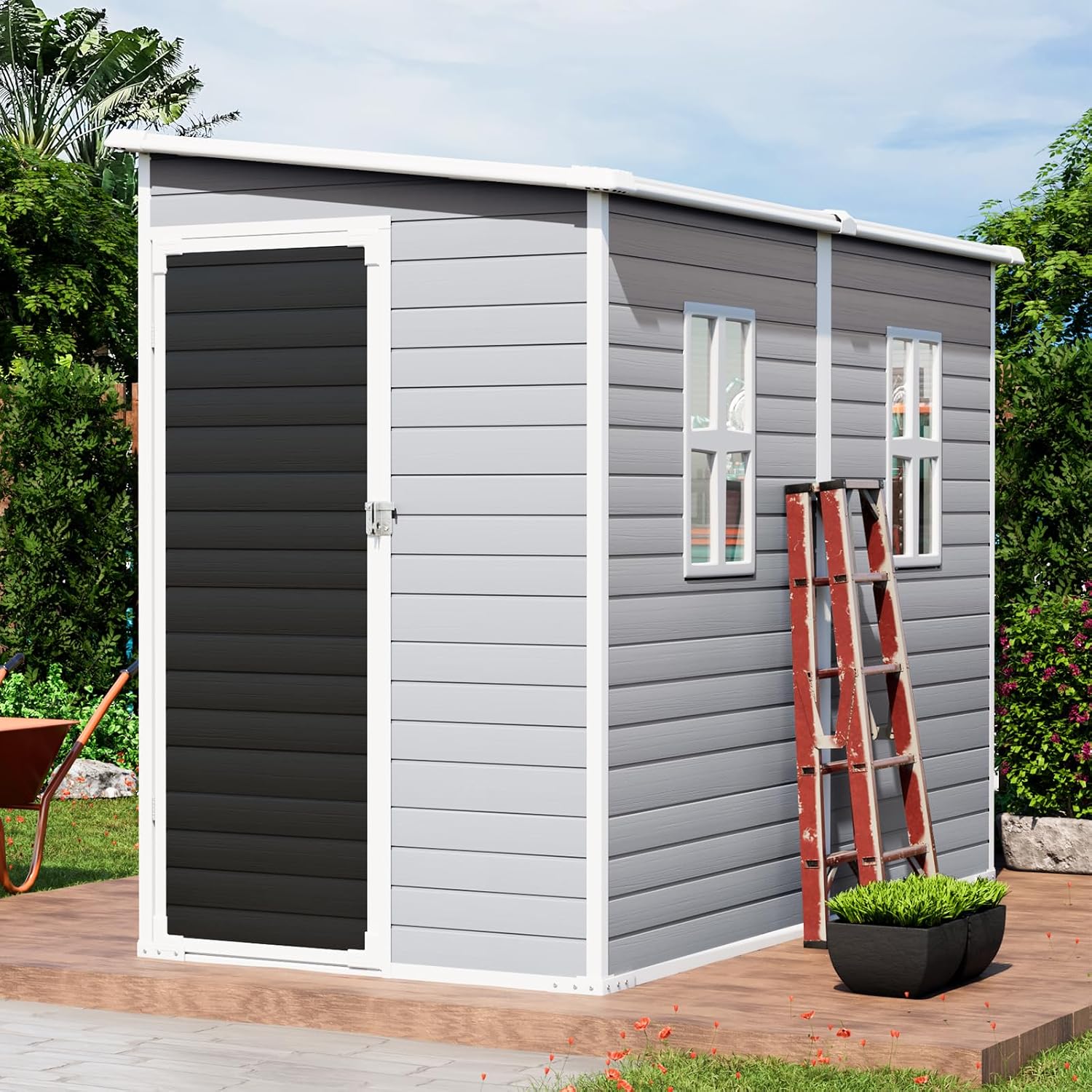 4x8 FT Outdoor Storage Shed with Floor, Upgraded Frame 16mm Thickened Resin Walls, Space-Saving Lean-to Tool House with 2 Windows & Lockable Single Door for Side Yard