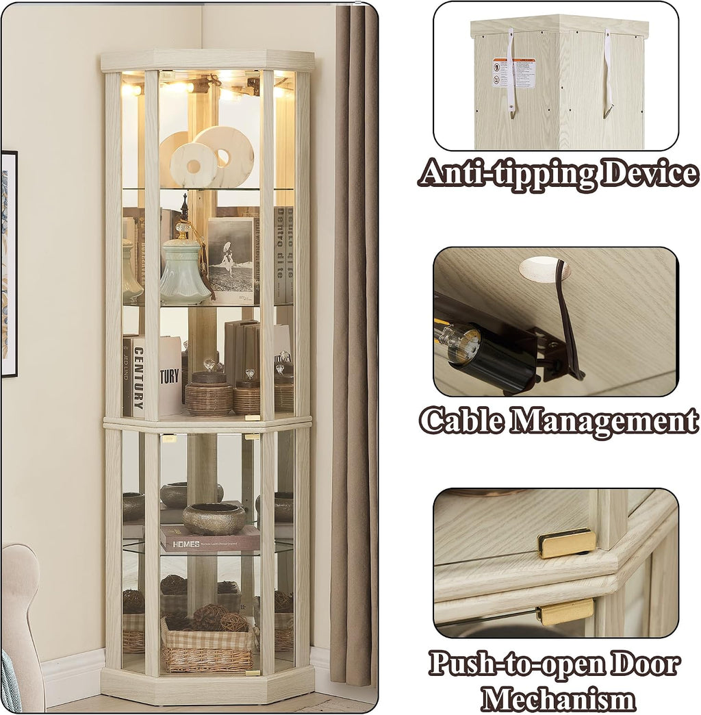 69' H Lighted Curio Cabinet Corner Display Case,Corner Glass Cabinets with Tempered Glass Door and Adjustable Shelves,Wooden Curio Cabinet with Mirrored Back Pane(Style 1 - Antique White)