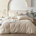 JIYUAN Super King Plus Duvet Cover Set, 3-Piece - 100% Washed Cotton, Linen-Like Soft & Breathable with Zipper Closure, Includes 120x120 Inch Cover & 2 Pillowcases, Heathered Beige