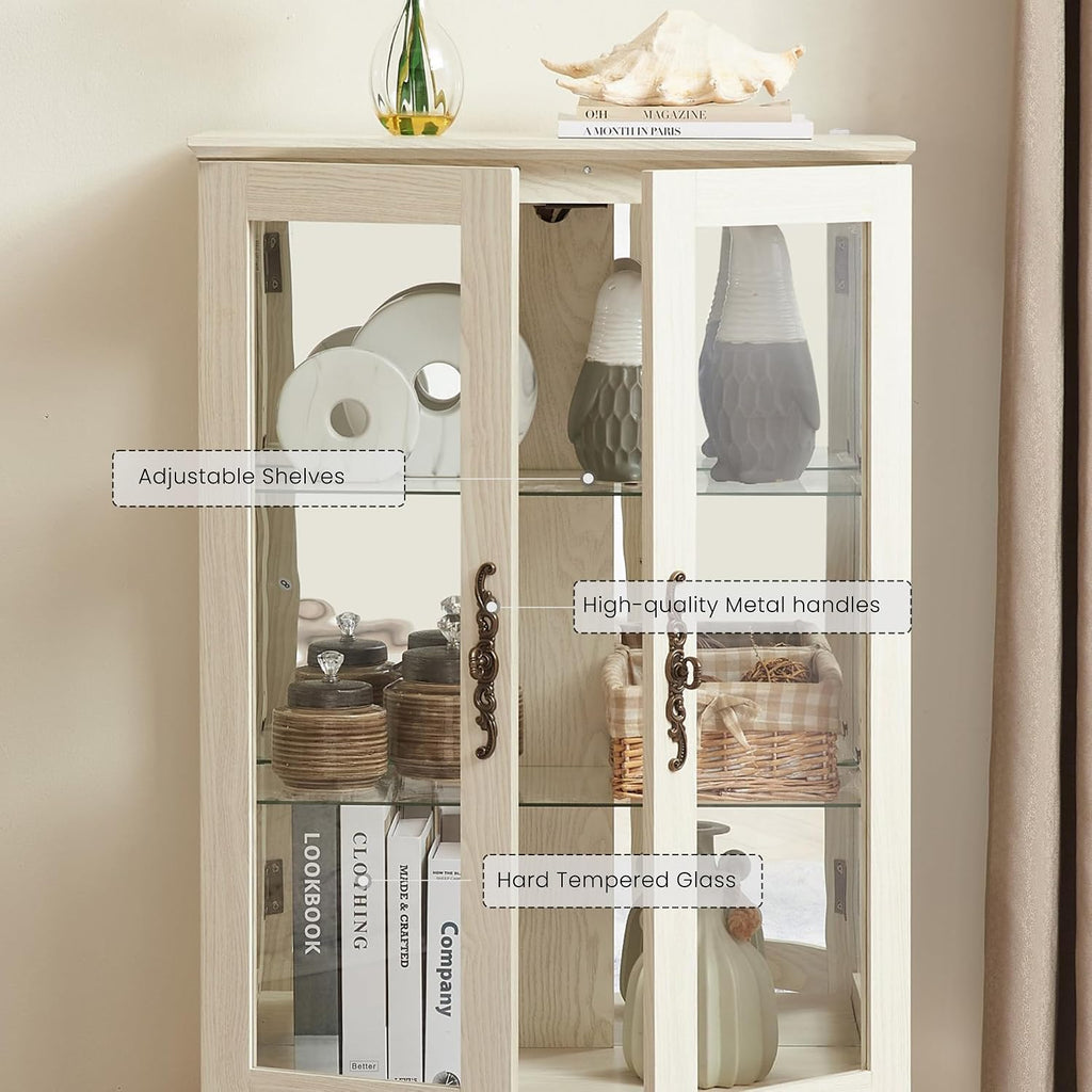 44' Small Lighted Glass Accent Curio Cabinet, Vintage China Cage with 2 Tempered Glass Doors & Adjustable Shelves, Acrylic Pane, Elegant Wine Artwork Showcase Rack for Living Room (Antique White)