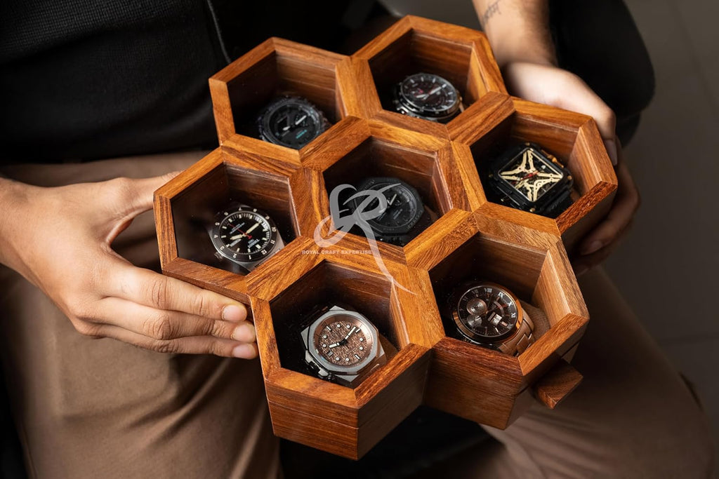 Royal Craft Expertise 7-Slot Honeycomb Wooden Watch Box – Handcrafted Indian Rosewood Timepiece Display Case | Unique Multipurpose Design with Glass Lid – Luxury Gift for Him