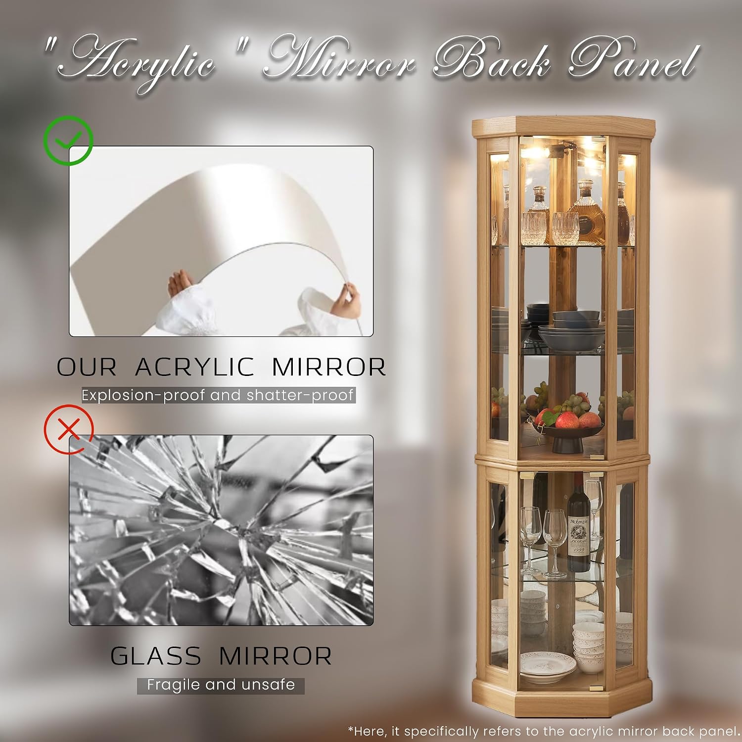 70' Lighted Corner Curio Cabinet, Wood China Display Case with Tempered Glass Doors & Adjustable Shelves, Light Bulb Included, Tall Wine Storage Rack for Bar and Liquor Storage (Light Oak)