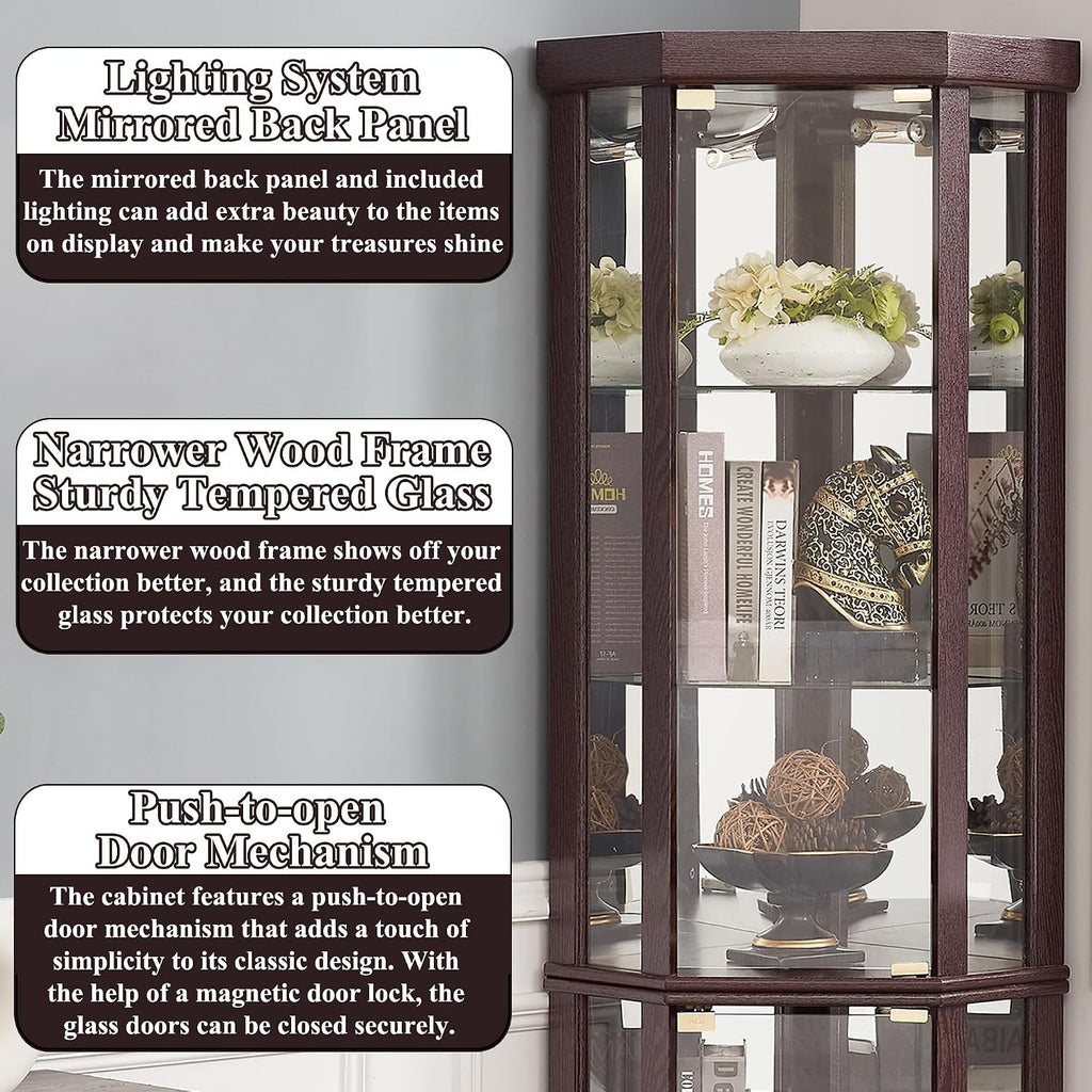 69' H Lighted Curio Cabinet Corner Display Case,Corner Glass Cabinets with Tempered Glass Door and Adjustable Shelves,Wooden Curio Cabinet with Mirrored Back Pane (Style 1 - Dark Cherry)