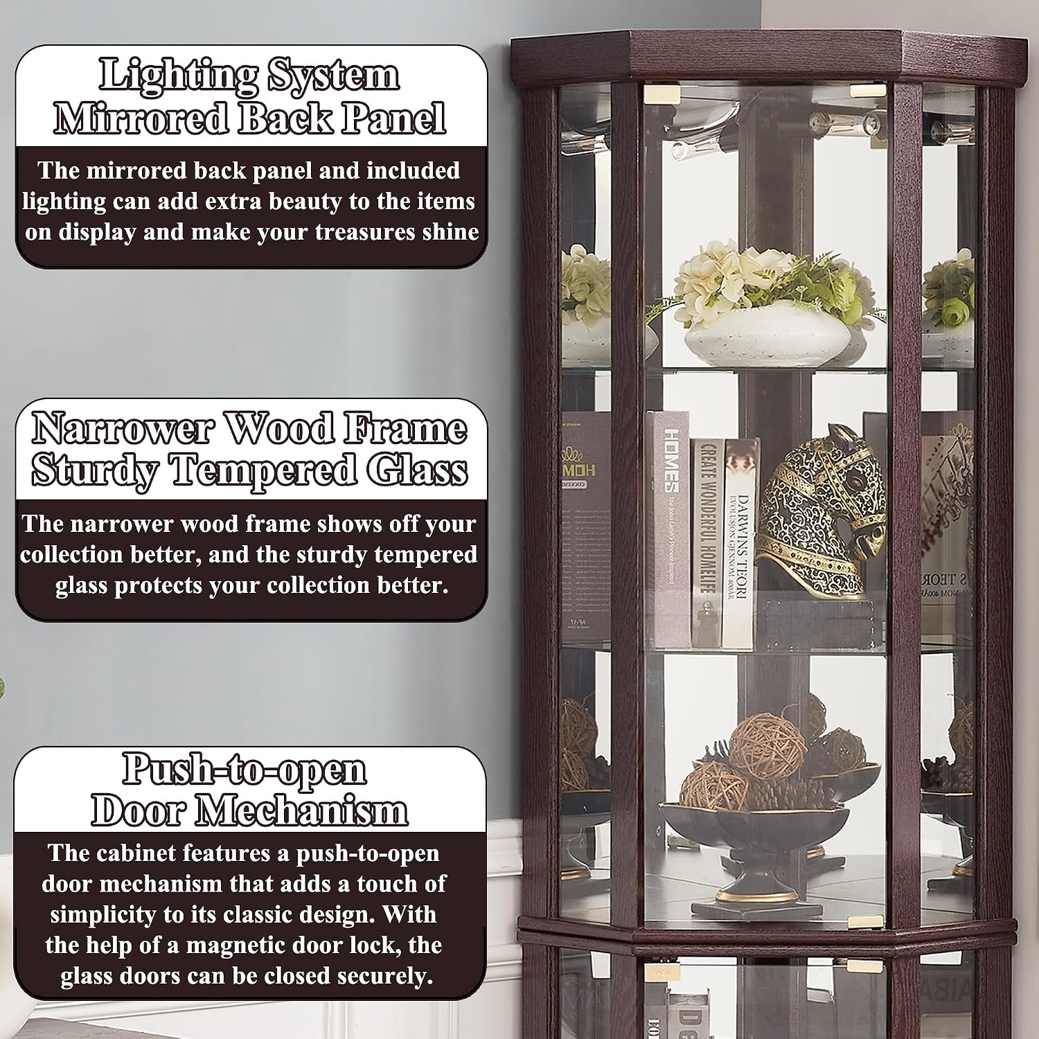 69' H Lighted Curio Cabinet Corner Display Case,Corner Glass Cabinets with Tempered Glass Door and Adjustable Shelves,Wooden Curio Cabinet with Mirrored Back Pane (Style 1 - Dark Cherry)