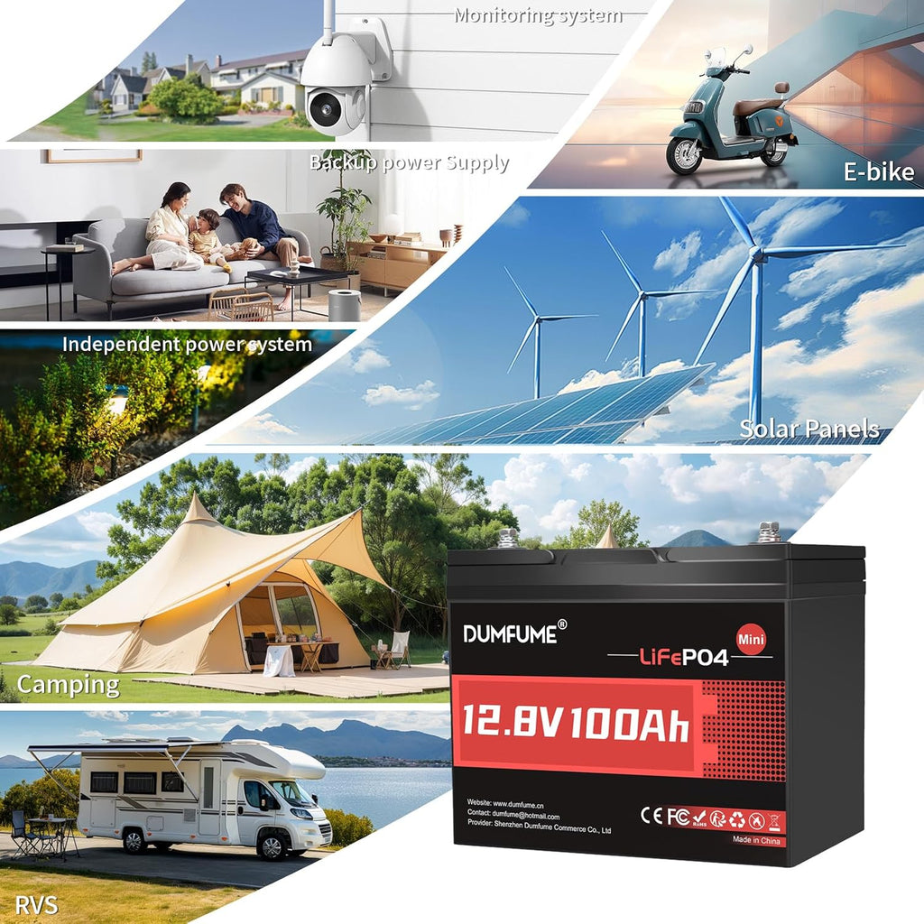 12V 100Ah Mini LiFePO4 Lithium Battery, Built-in 100A BMS,1280Wh Deep Cycle Rechargeable Battery 6000+ Cycles 10-Year Lifespan for RV, Solar, Off-Grid and Home Energy Storage