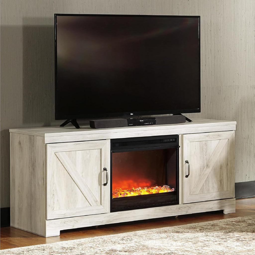 Signature Design by Ashley Bellaby Farmhouse 63' TV Stand with Fireplace for TVs up to 72', Whitewash