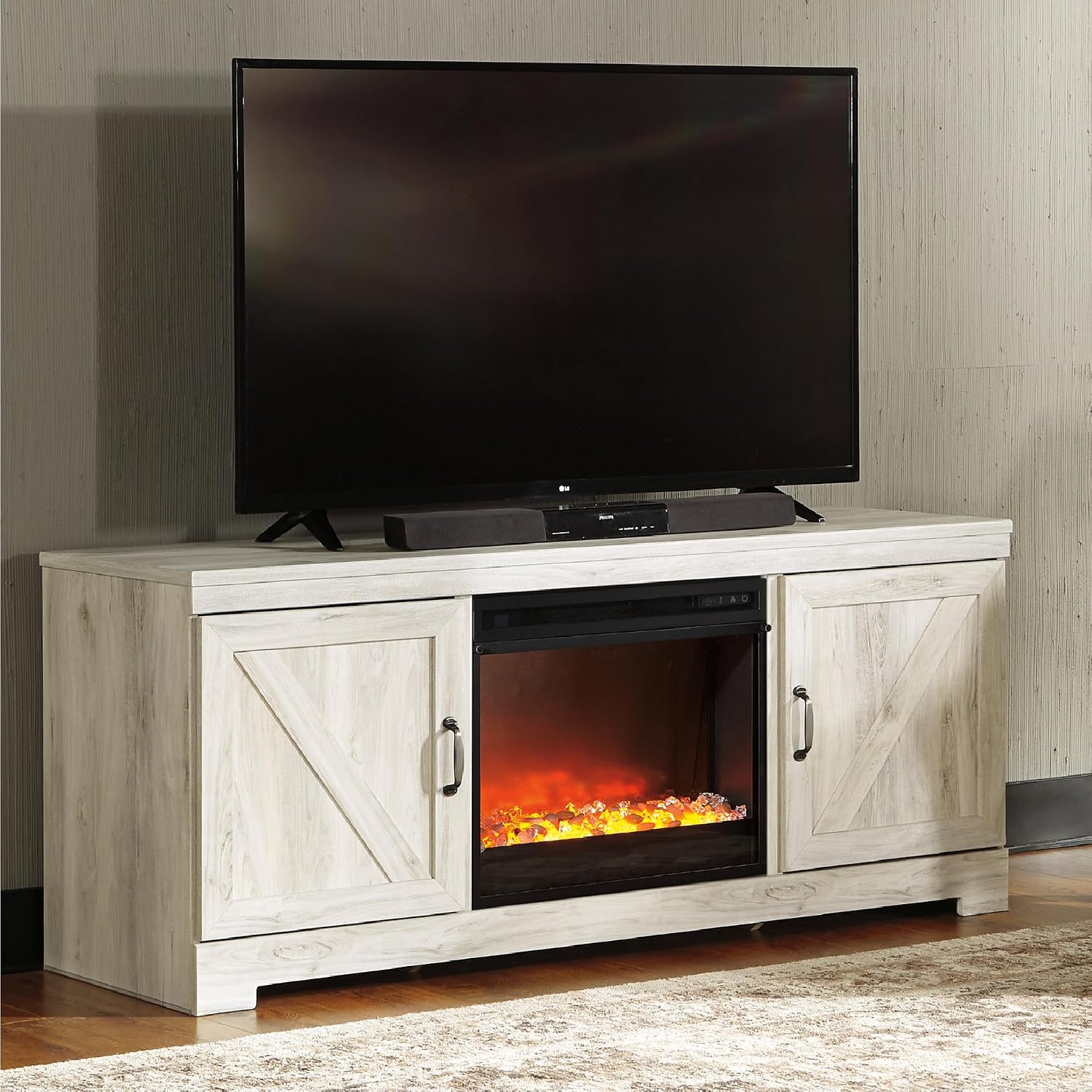 Signature Design by Ashley Bellaby Farmhouse 63' TV Stand with Fireplace for TVs up to 72', Whitewash