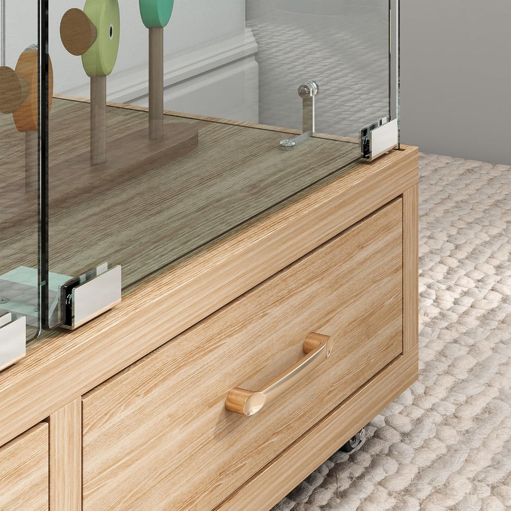 Modern Glass Display Cabinet with LED Light 4-Shelf Curio Cabinets with Storage Drawer and Wheels,Tempered Glass Display Shelf Bookcase for Living Room Home Office