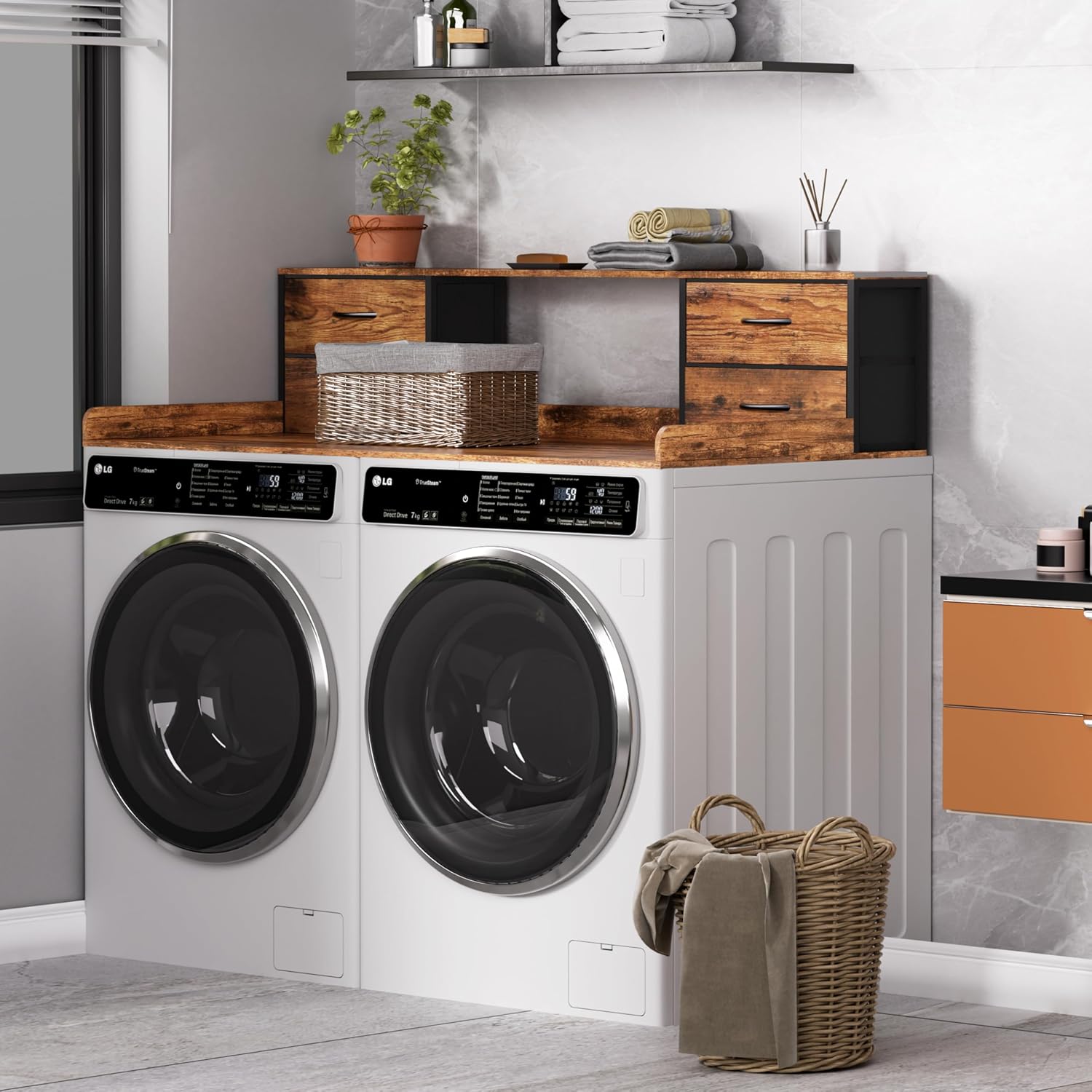 Unionly Washer and Dryer Countertop, 27.5' D x 53.9' W x 12.9' H Solid Wood Washer Dryer Countertop with Organizer Shelves with Four Drawers for Laundry Room Organization (Rustic Brown)