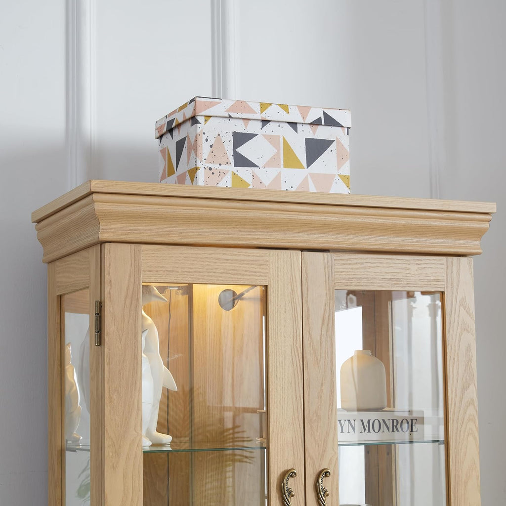 Ball & Cast Lighted Curio Cabinet,6-Tier Glass Display Cabinet with Adjustable Glass Shelves and Mirrored Back Panel for Living Room,Pantry Light Bulb Included,Light Oak