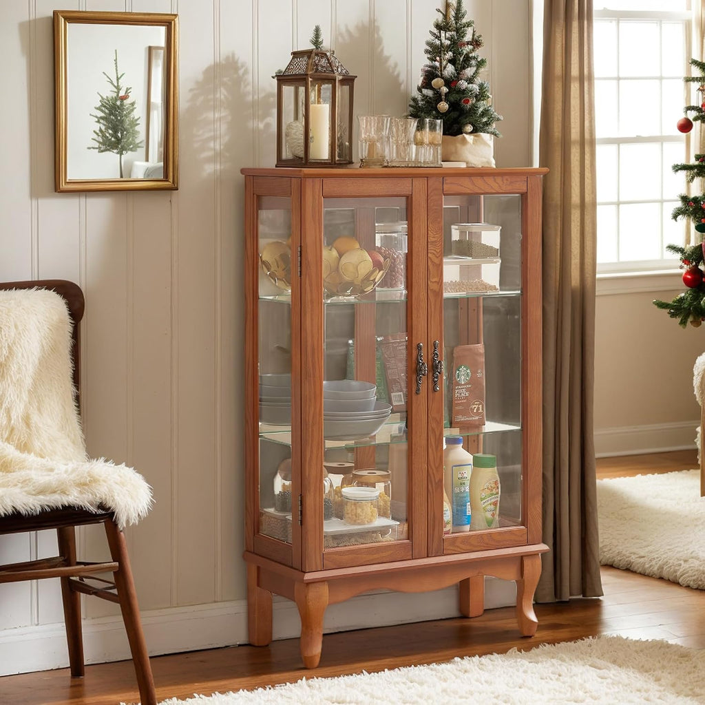 44' Small Lighted Glass Accent Curio Cabinet, Vintage China Cage with 2 Tempered Glass Doors & Adjustable Shelves, Acrylic Mirrored Pane, Elegant Wine Artwork Showcase Rack for Living Room (Dark Oak)