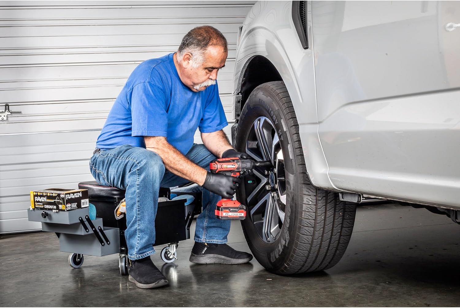 Powerbuilt Rolling Seat with Expandable Tool Trays, Roller Toolbox Garage Stool - Grey 941918ECE