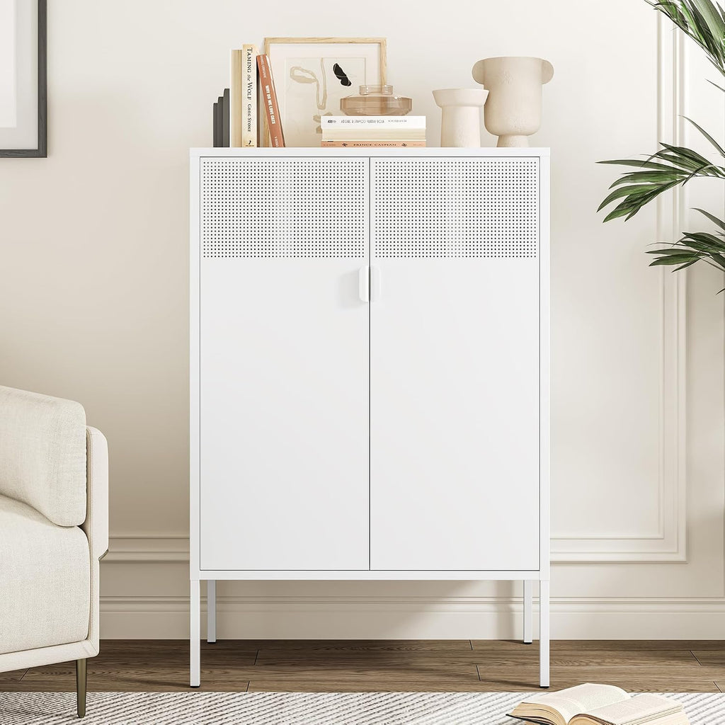 Chshin Metal Storage Cabinet,Kitchen Pantry Storage Cabinets with Doors,Buffet Cabinet with 2 Adjustable Shelves,White Pantry Cabinets,Steel Sideboard for Home,Shoes,Office,Dining Room