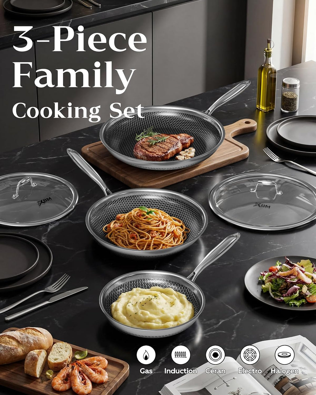 Nonstick Frying Pan Set with 3 Lids, 8+10+12 Inch, Honeycomb Stainless Steel Skillet Pans Set, PFOA-Free Scratch-Proof, Dishwasher & Oven Safe, Compatible with All Cooktops