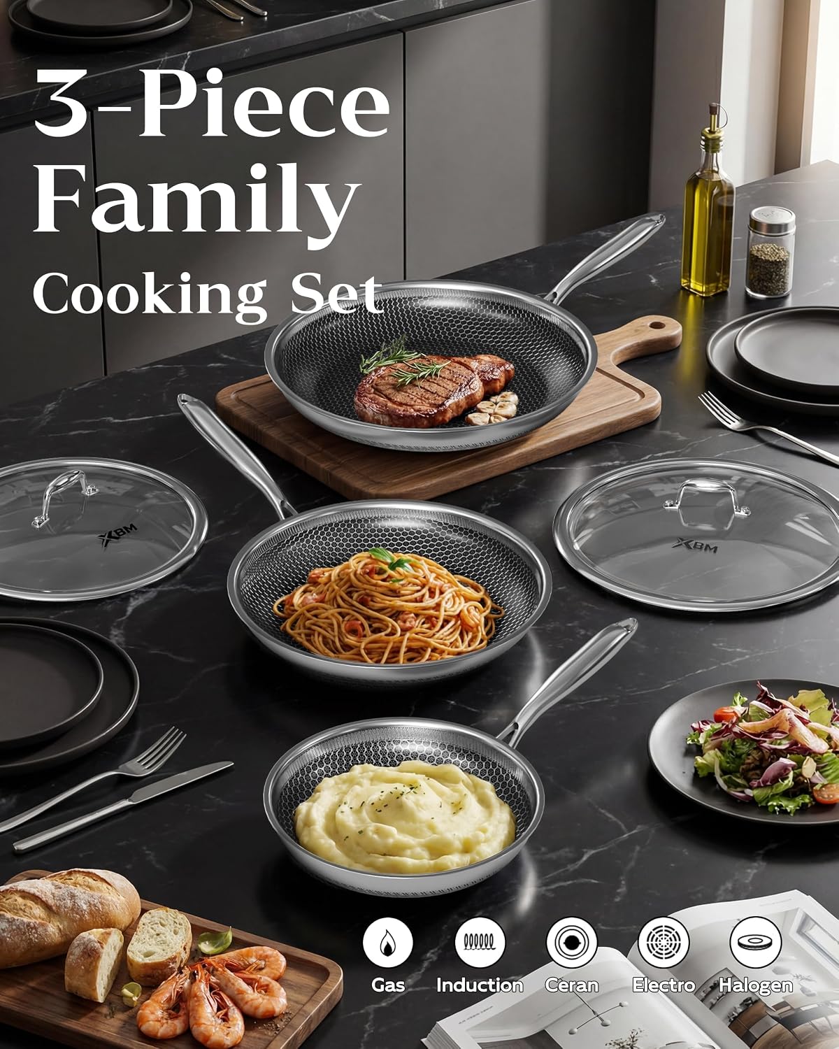 Nonstick Frying Pan Set with 3 Lids, 8+10+12 Inch, Honeycomb Stainless Steel Skillet Pans Set, PFOA-Free Scratch-Proof, Dishwasher & Oven Safe, Compatible with All Cooktops