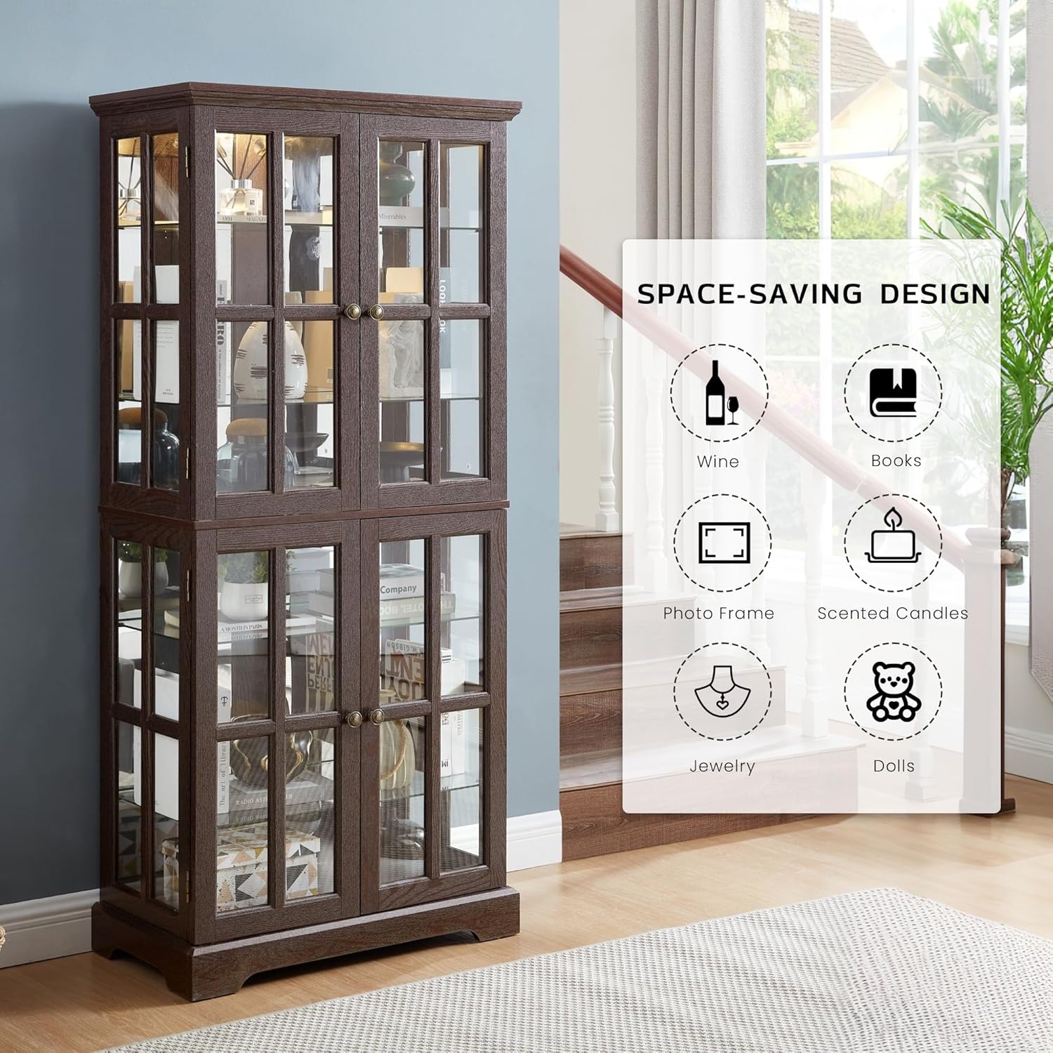 Glass Display Cabinet, 69' H Curio Cabinet with Adjustable Shelves and 4 Glass Doors, Light Bulb Included, Elegant Antique Showcase, Rack for Living Room/Home Office (Dark Cherry)