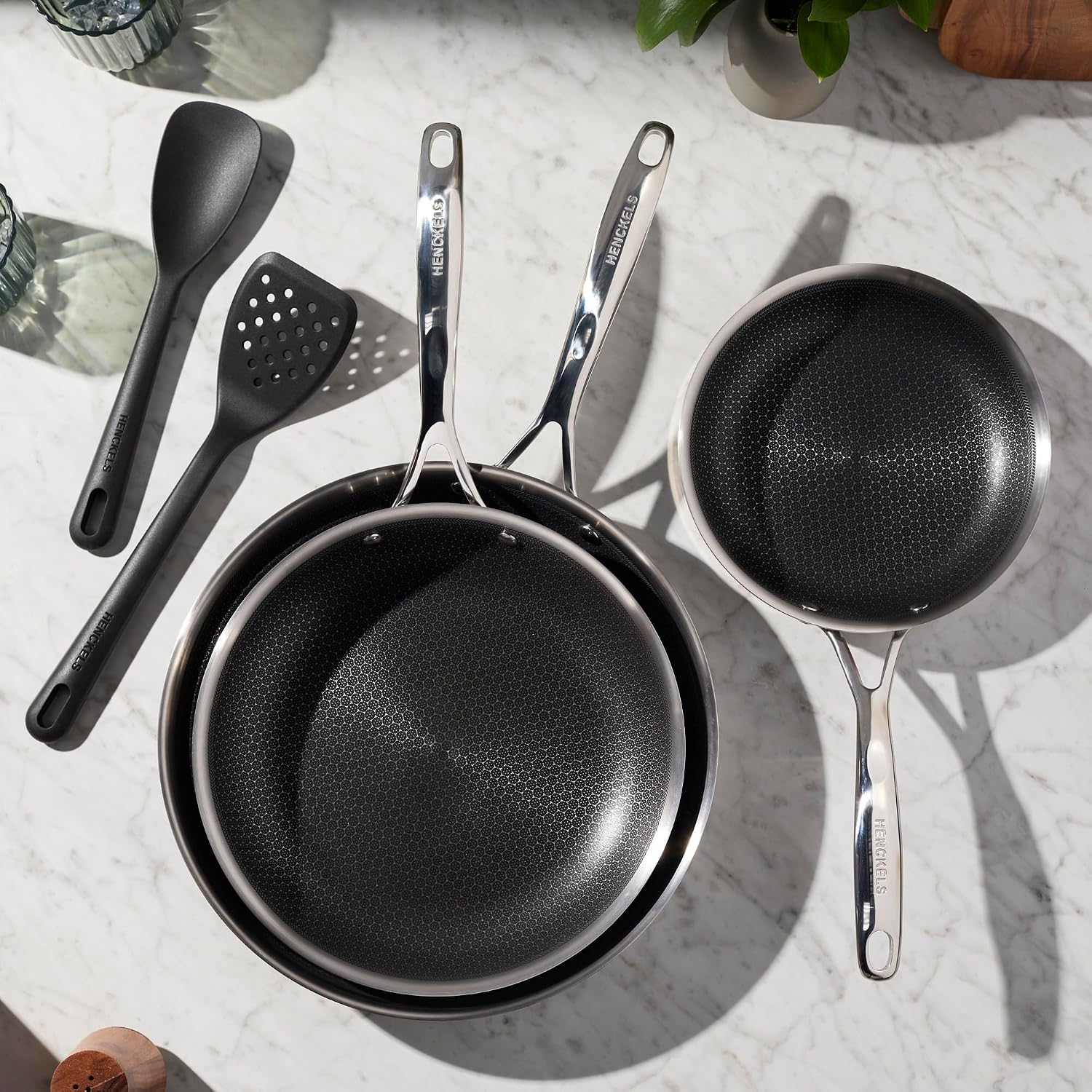 HENCKELS Paradigm 5-pc Cookware Set, Nonstick Frying Pan and Silicone Utensil Set, 3-Ply Stainless Steel Skillets for Induction Cooktop, Gas & Electric Stovetops – Dishwasher Safe & Oven Safe