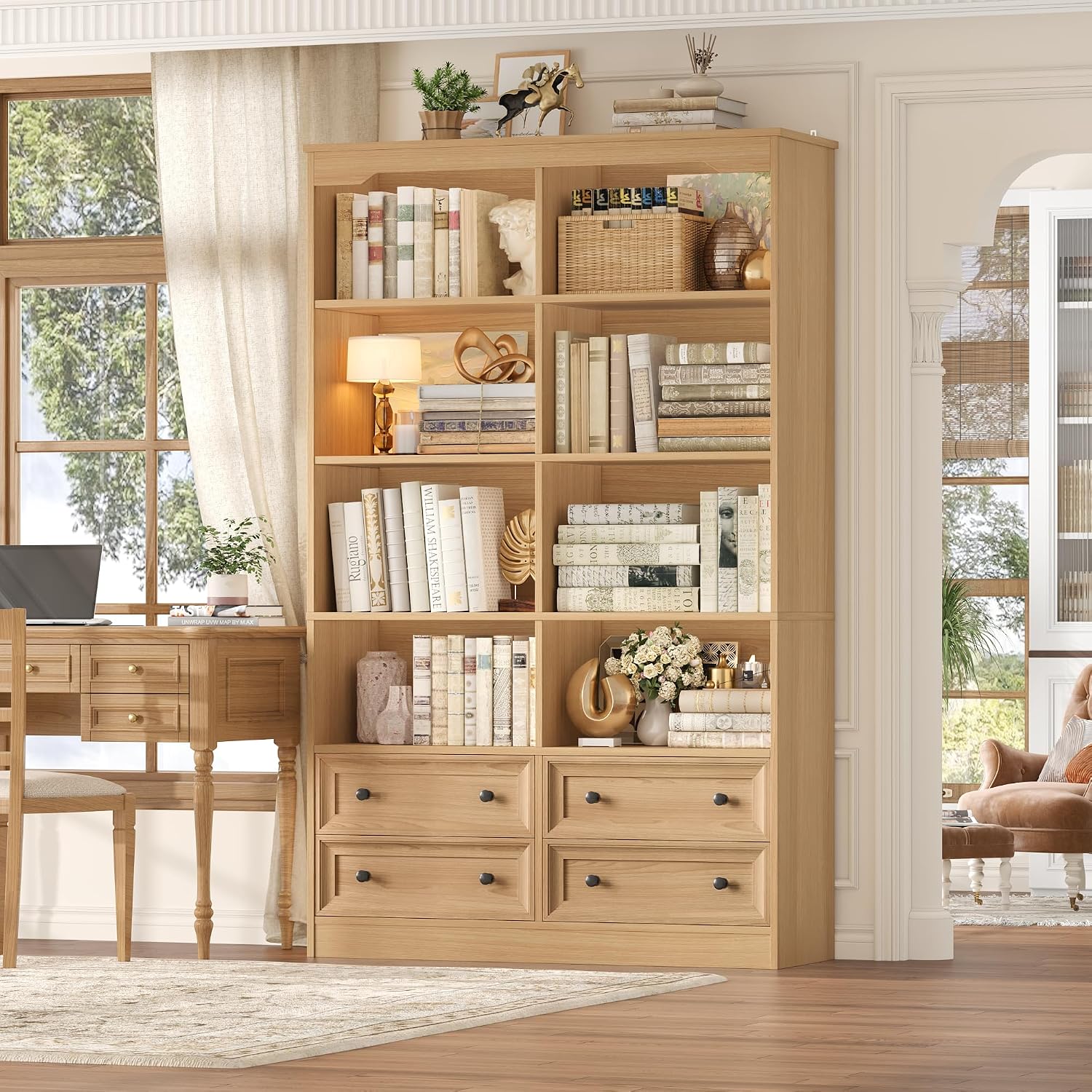 FINETONES 71' Tall Bookshelf with 4 Drawers, 6-Tier Double Wide Bookshelves and Bookcases with Storage, Natural Bookshelf Large Open Bookshelves Standing Book Cabinet for Home Office