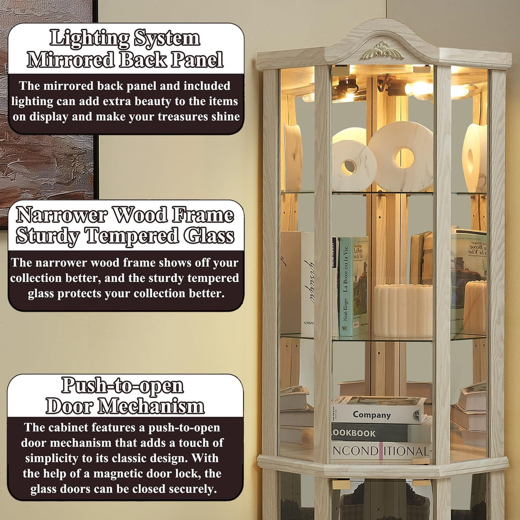 71' H Lighted Corner Display Cabinet, 6-Tier Wooden Curio Glass Cabinet with Adjustable Shelves, Carved Crown Decoration Corner Storage Display Case with Mirrored Back Pane (Antique White)