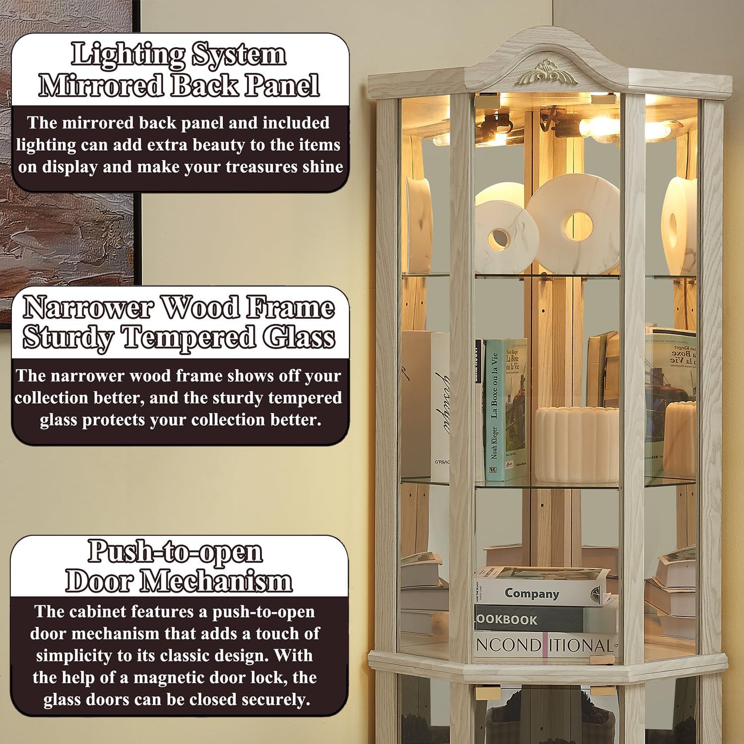 71' H Lighted Corner Display Cabinet, 6-Tier Wooden Curio Glass Cabinet with Adjustable Shelves, Carved Crown Decoration Corner Storage Display Case with Mirrored Back Pane (Antique White)