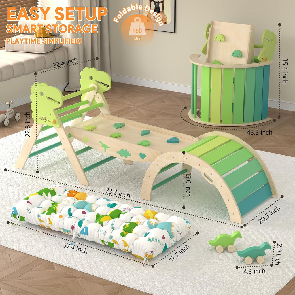 Pikler Triangle Set with Cushion 9 in 1 Climbing Toys for Toddlers 1-3 Indoor Baby Climbing Gym Toddler Montessori Toys Wooden Toy with Maze Toy, Shape Sorter, Dinosaur Car