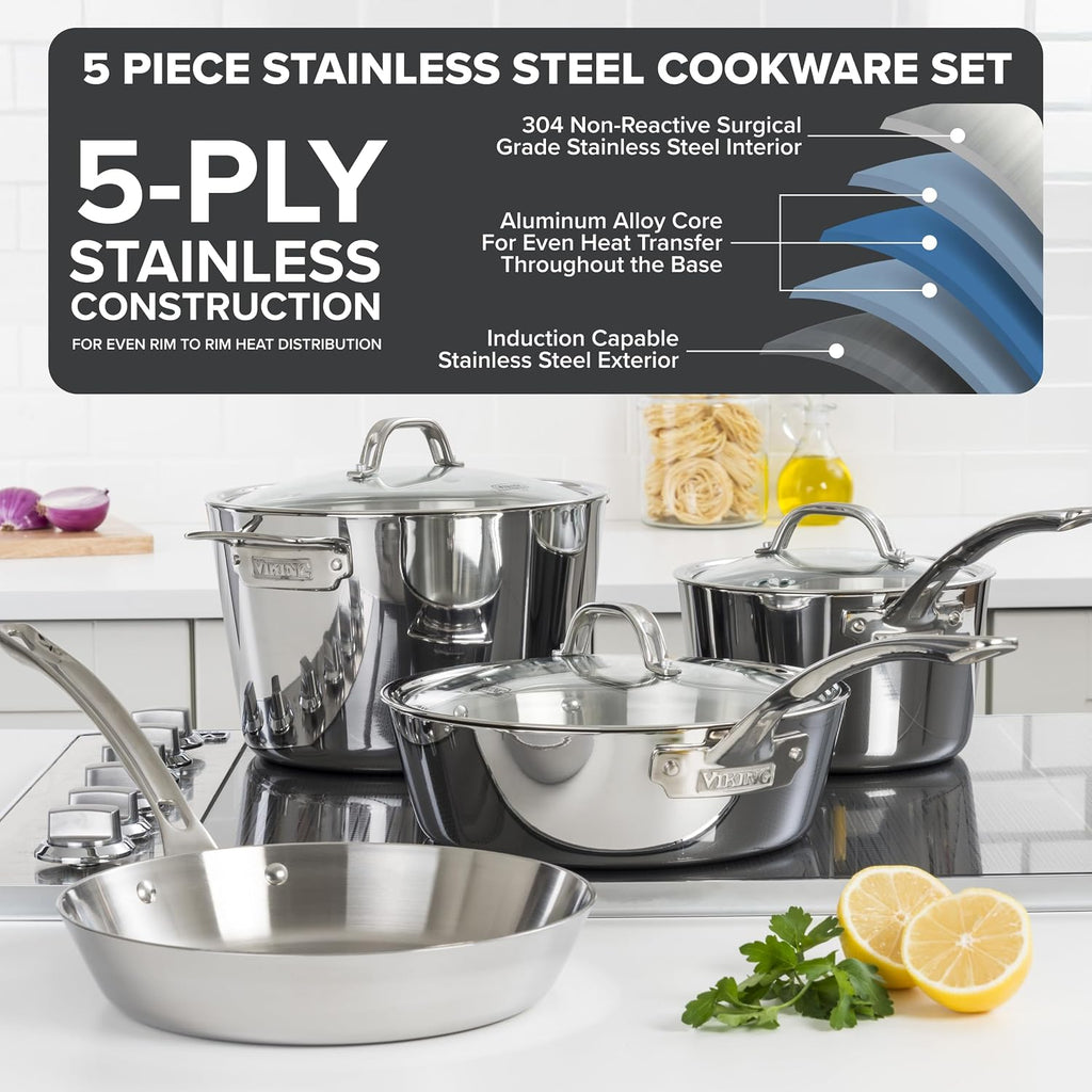 Viking 5-Ply Cookware Set, 5 Piece Stainless Steel Kitchen Pots and Pans, Oven Safe, Induction Ready, Silver