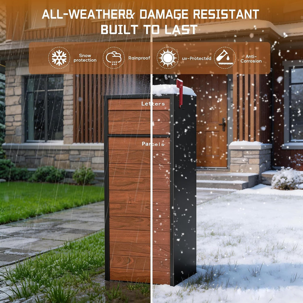 Merapi Large Parcel Drop Box for Outside – Fully Assembled Package Delivery Box with Rear Access – Weather-Resistant Galvanized Steel Locking Mailbox for Porch & Curbside (Oak-Grain Steel)