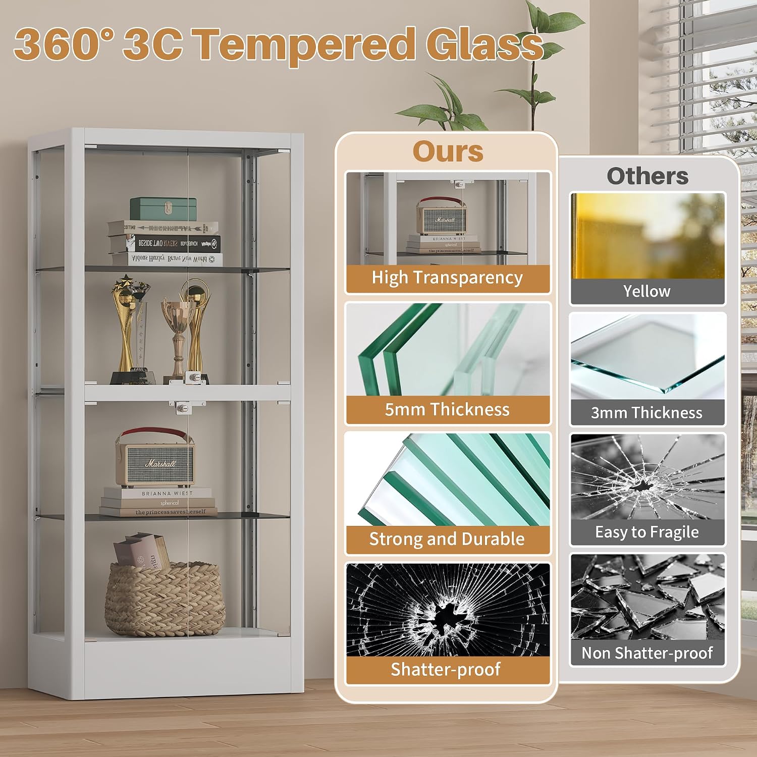 4-Sided Glass Display Cabinet with Lock & 13 Color Light, Lighted Curio Cabinet with Glass Door & Adjustable Shelves, Metal Display Case for Collectibles Figures Wine China, 28' W White