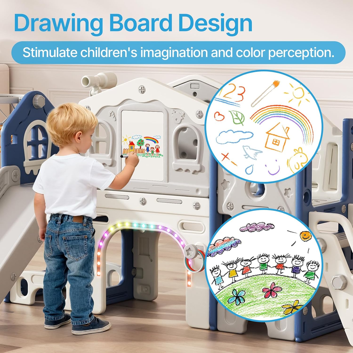 BIERUM 10 in 1 Toddler Slide Set - Baby Slide for Toddlers 1-3 with Colorful Lights, Drawing Board and Building Blocks Board, Indoor Outdoor Toddler Playset Playground, Blue Gray