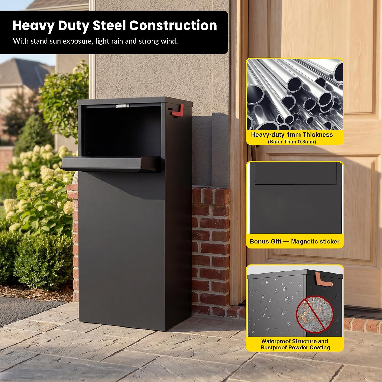 Merapi Large Anti-Theft Package Delivery Box for Outside 43.3' * 18.3' * 14.0' Lockable Parcel Drop Box No Assembly Required Weatherproof Steel Storage for Porch Curbside House – Black
