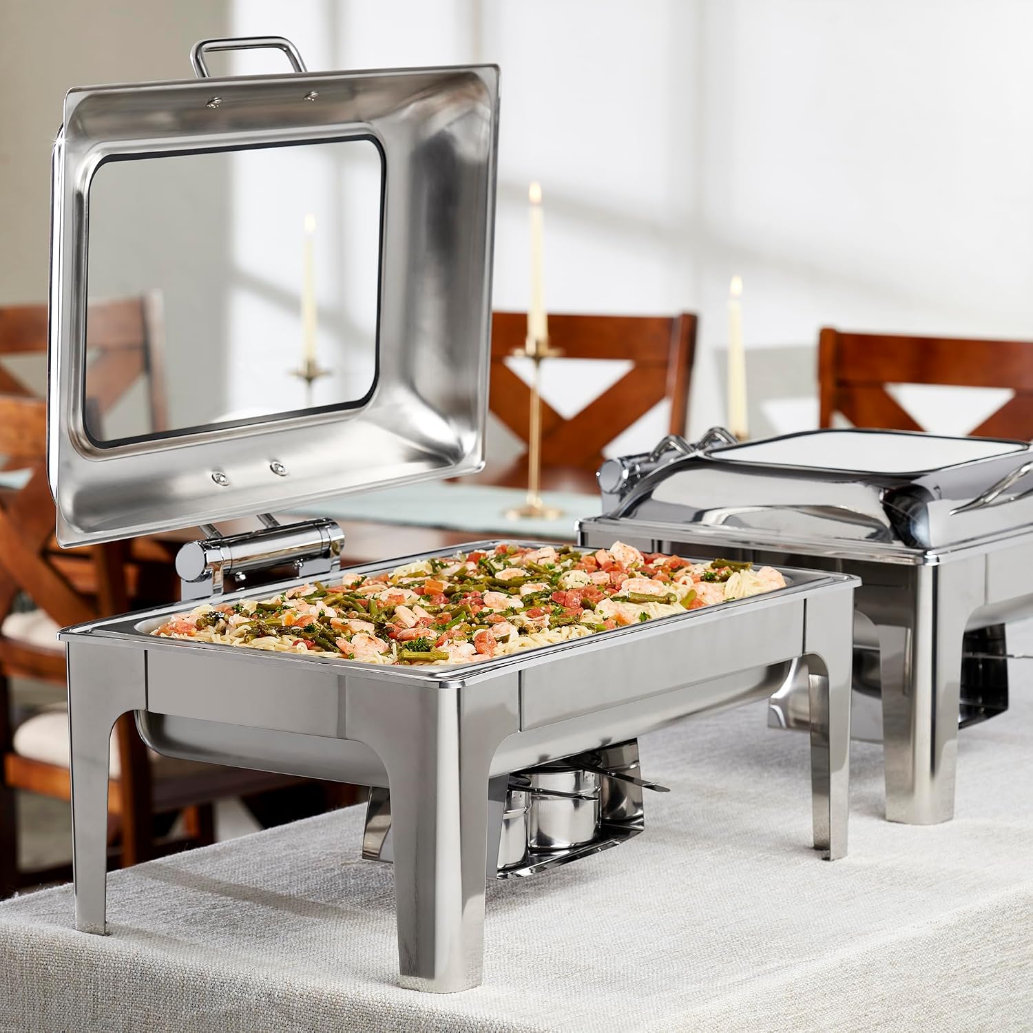 Denmark Tools for Cooks Celebrations Cookware Collection 6 Piece 9.5-Quart Heavy Gauge Stainless Steel Rectangular Chafing Dish Set with Hydraulic Soft Close Glass Lid for Entertaining & Catering
