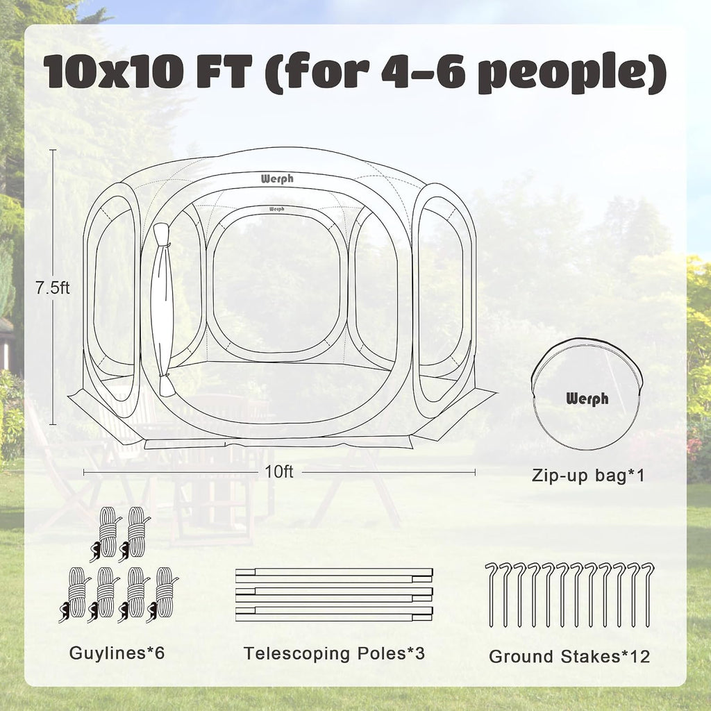 Werph 10x10 Pop Up Screen Tent, Mosquito Net Gazebo, UV Resistant Roof Waterproof Screen Canopy, Quick Setup Outdoor Shelter for Backyard, Patio, Garden, Picnic, Camping and Events, Green