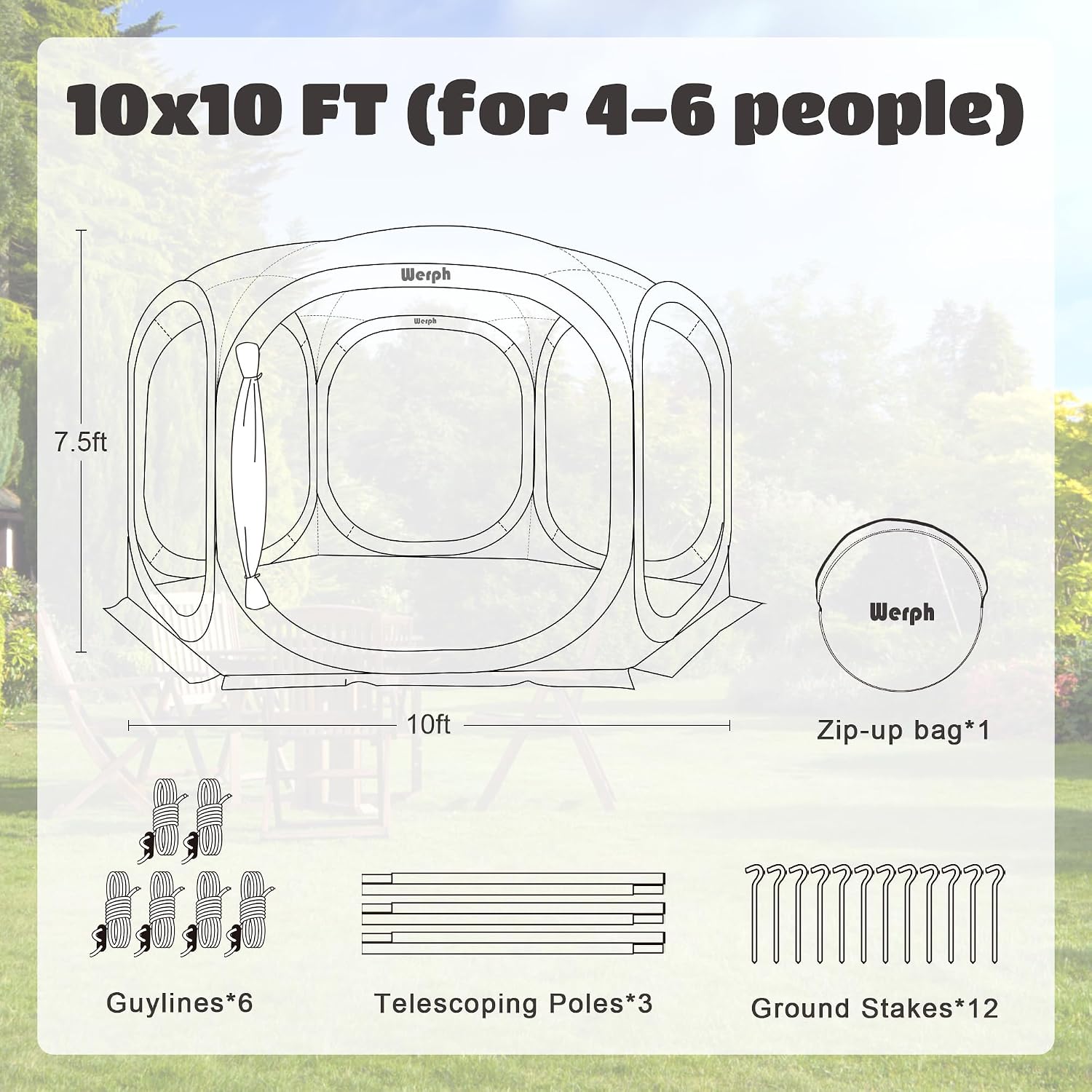 Werph 10x10 Pop Up Screen Tent, Mosquito Net Gazebo, UV Resistant Roof Waterproof Screen Canopy, Quick Setup Outdoor Shelter for Backyard, Patio, Garden, Picnic, Camping and Events, Green