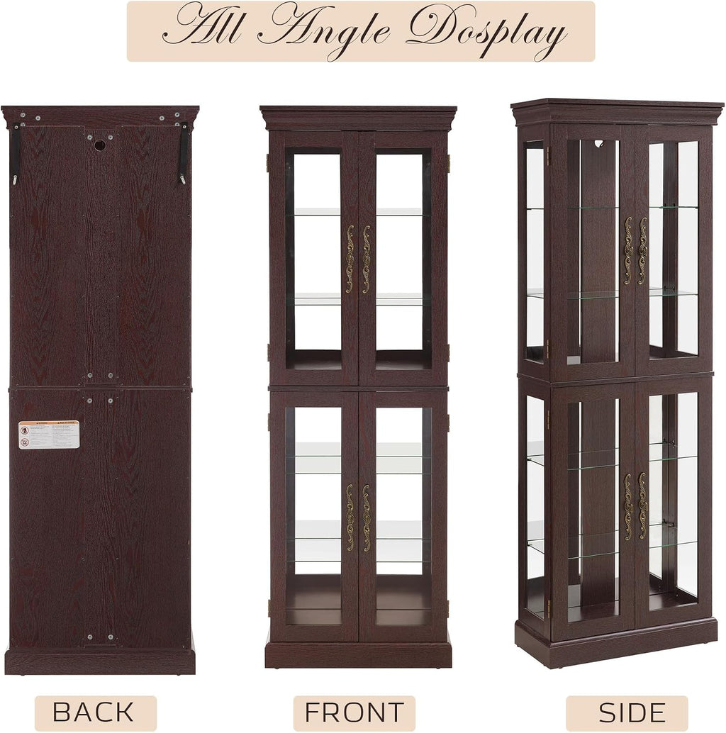 Lighted Curio Cabinet 71' Vintage Glass Display Case with Adjustable Shelves, 4 Tempered Glass Doors, Bulb Included, Wooden Square Wine Bar China Cabinet for Living Room Liquor Storage (Dark Cherry)