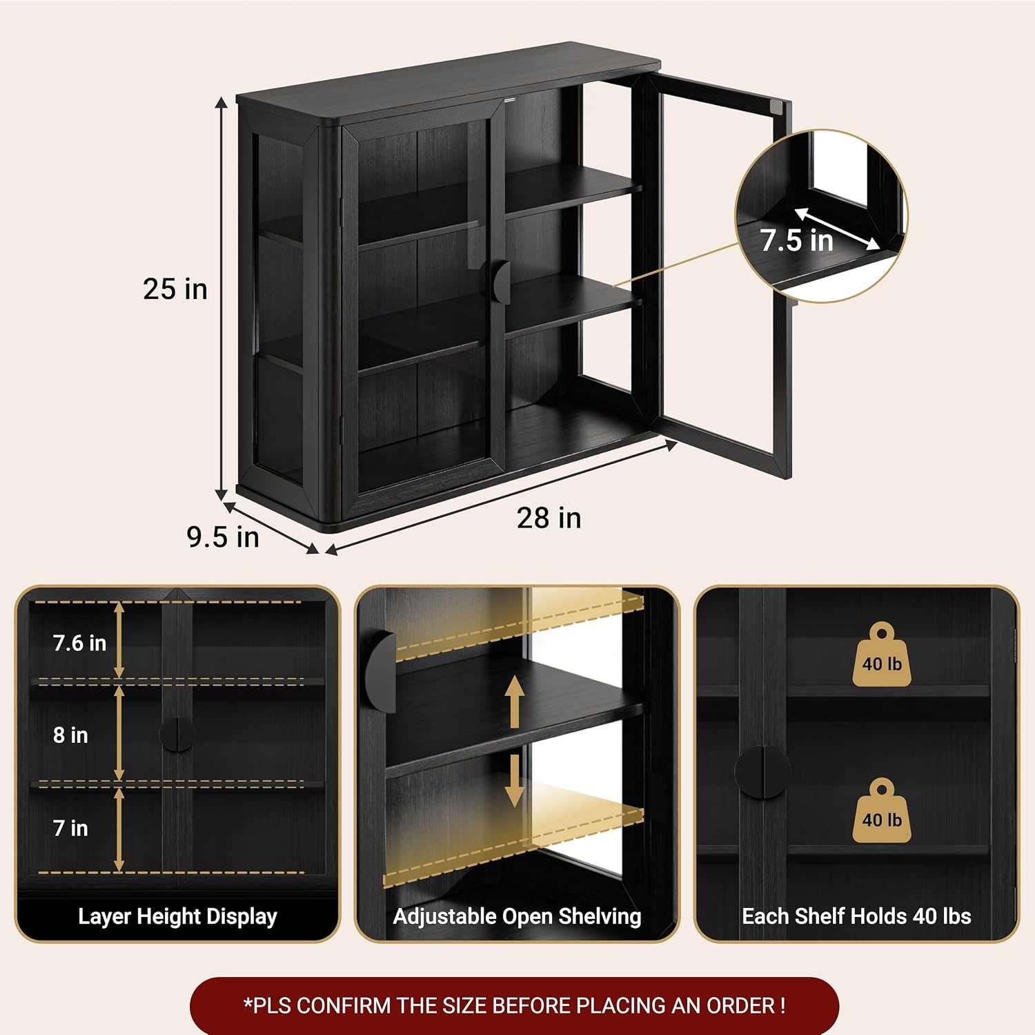 FIMELLO 28''W Wall Cabinet with Tempered Glass Doors, Bathroom Cabinet Wall Mount, Kitchen Wall Cabinet, Floating Cabinet for Bathroom, Wall Mount Salon Station for Barber, Beauty, Black