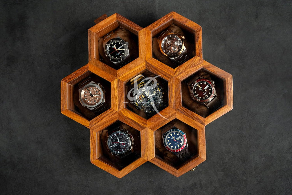 Royal Craft Expertise 7-Slot Honeycomb Wooden Watch Box – Handcrafted Indian Rosewood Timepiece Display Case | Unique Multipurpose Design with Glass Lid – Luxury Gift for Him