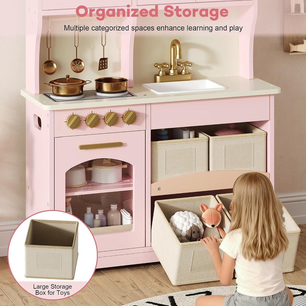 knoworld Play Kitchen for Kids, Wooden Toy Kitchen Set with Smart Storage & Accessories, Toddler Kitchen Playset with Stove & Oven, Pretend Play Set, Gift for Ages 3-8, Pink