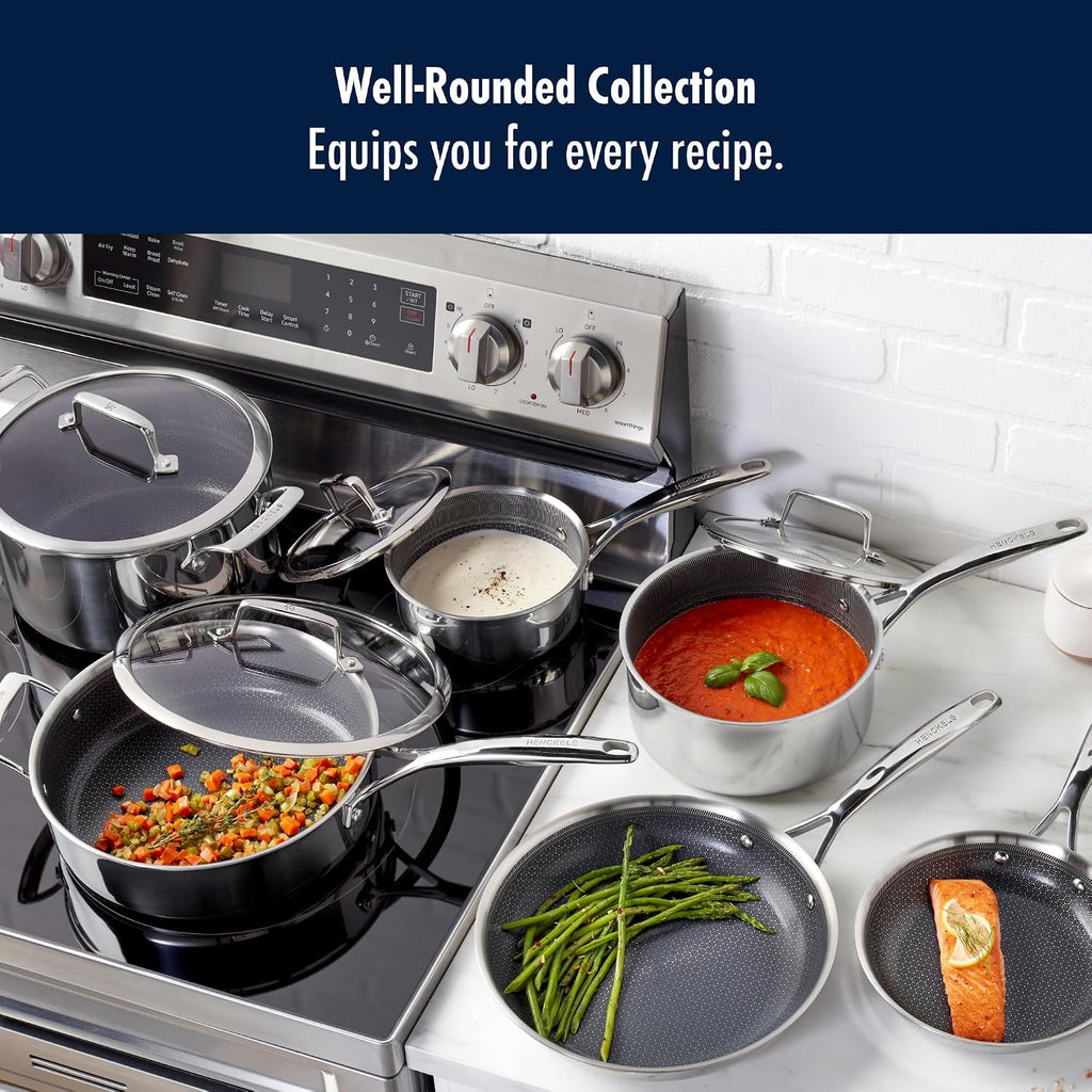 Henckels Paradigm Stainless Steel 10 pc Cookware Set, Tri-Ply Ceramic Nonstick Cookware, Non Toxic Induction Cookware Set, Metal-Utensil & Dishwasher Safe