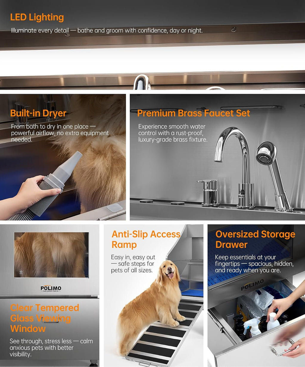POLIMO Dog Washing Station with Built-in Pet Dryer and LED Display 50' (Left Ramp), 304 Stainless Steel Dog Bathtub for Large Medium Small Dogs, Wash and Dry Grooming Tub with Faucet, Storage Drawer