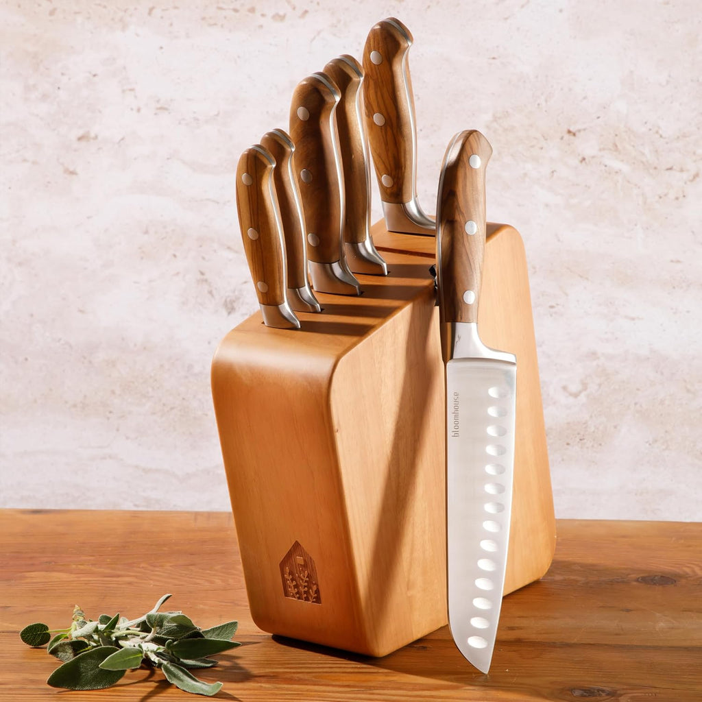 Bloomhouse - Two Time Oprah's Favorite Things Winner - 7 Piece Italian Olive Wood Kitchen Knife Block Set w/German Forged Stainless Steel Knives