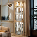 70' Lighted Corner Curio Cabinet, Wood China Display Case with Tempered Glass Doors & Adjustable Shelves, Light Bulb Included, Tall Wine Storage Rack for Bar and Liquor Storage (Light Oak)