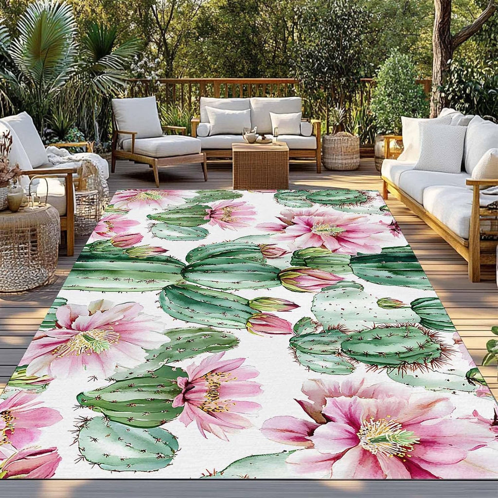 Outdoor Rug 4x6ft Watercolor Pink Flower Green Cactus Patio Area Rugs Waterproof Easy Cleaning Non Shedding Thick Mats Tropical Carpet for Indoor Outdoor Porch Deck Backyard Balcony
