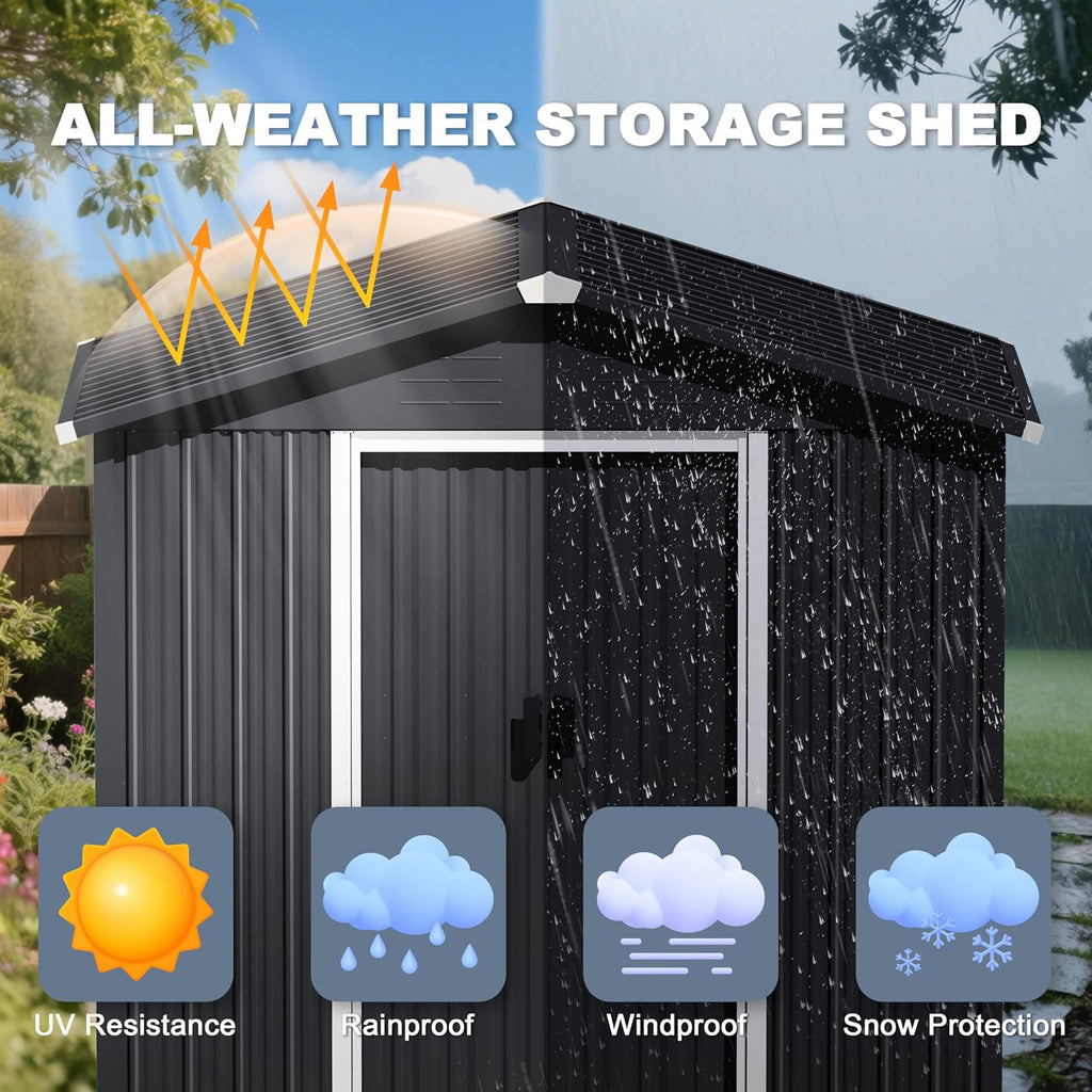 Nuu Garden 6 x 4 FT Garden Storage Shed with Sliding Doors, Galvanized Sheet Tool Shed with Sloping Roof, Anti-Corrosion Garden Shed with Air Vents for Backyard Patio Lawn, Black