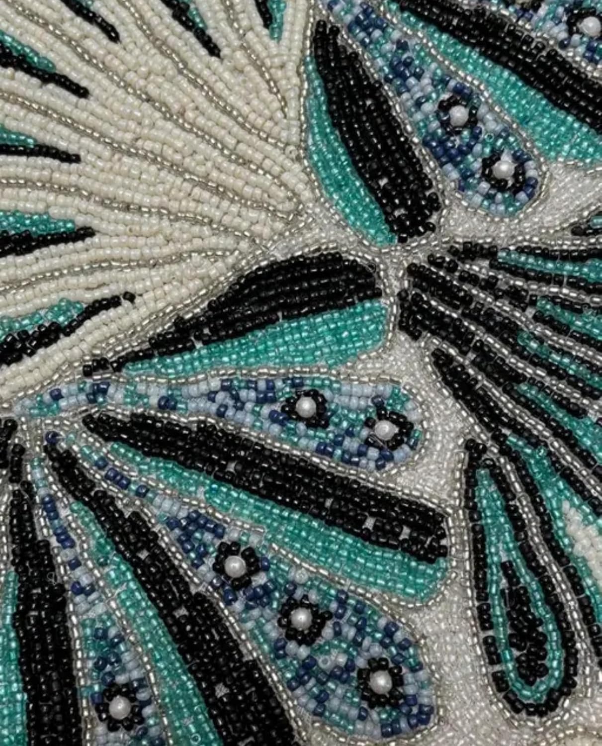 Beaded Handcrafted Table Runner, Teal Green and Cream, Decorative Home Accent, Floral Design